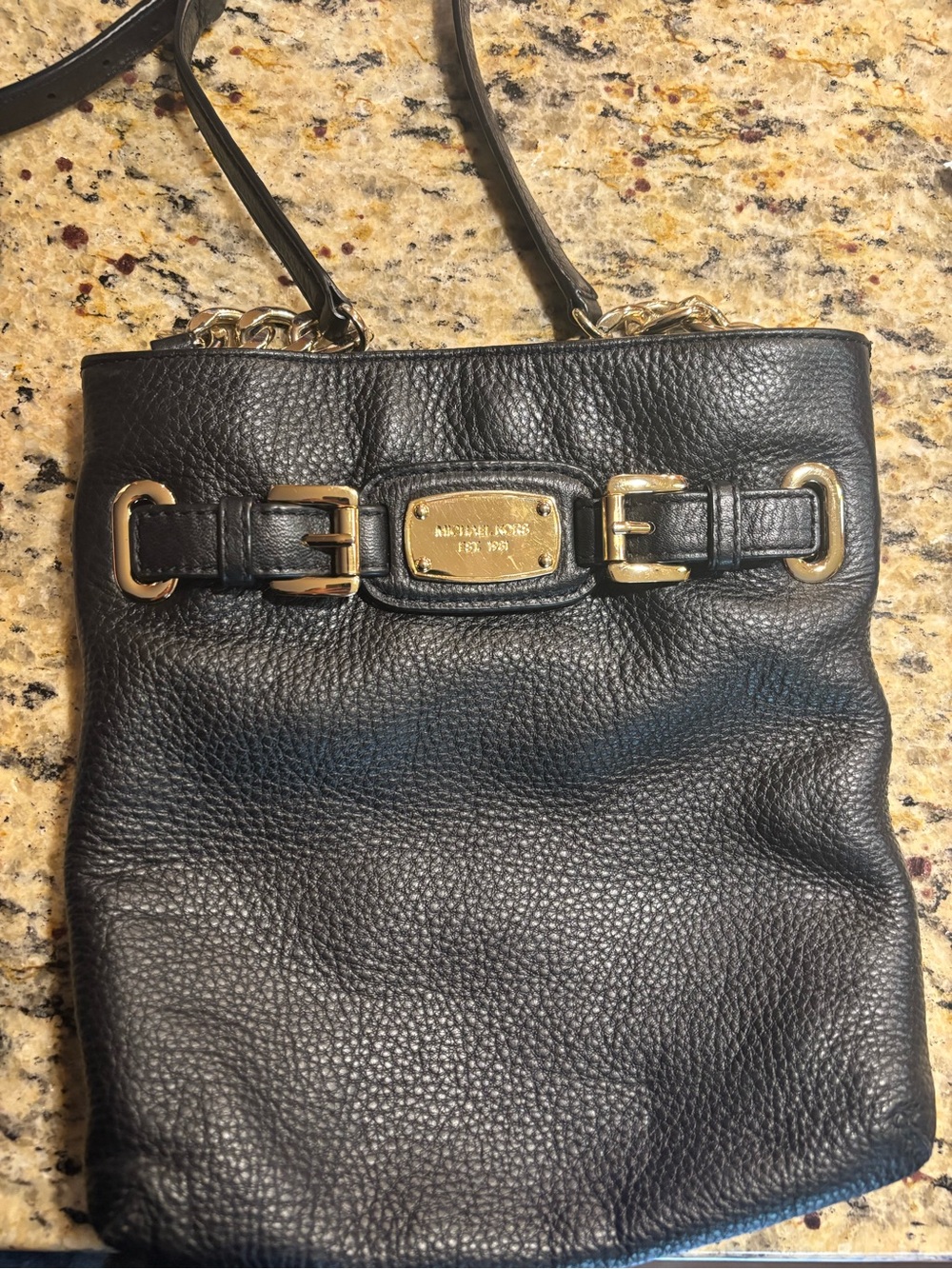 Michael Kors Black Pebbled Leather Shoulder Bag with Gold Plate